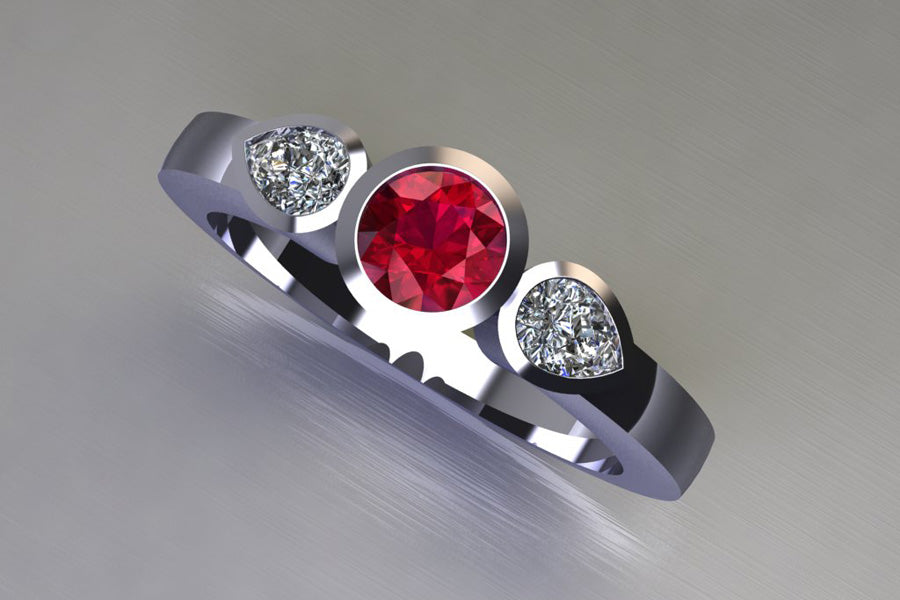 Three Stone Round Brilliant Cut & Pear Cut Diamond Platinum Ring Design