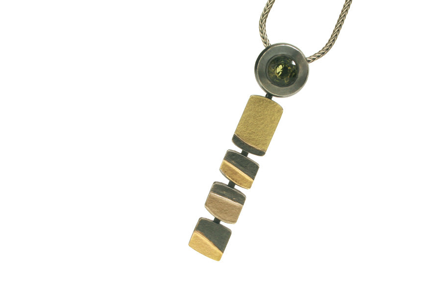 Green Tourmaline, Silver & 18ct Coloured Gold Column Necklace