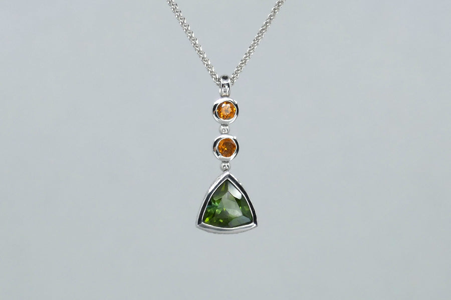 Short Trillion Green Tourmaline & Orange Sapphire 9ct White Gold Pendant
