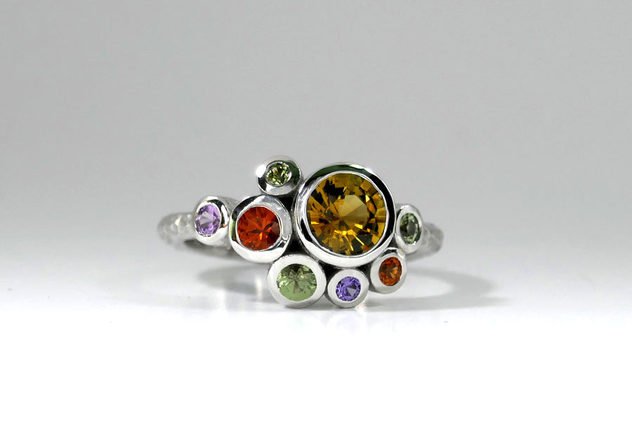 Eight Round Mixed Coloured Stone White Gold Cluster Ring