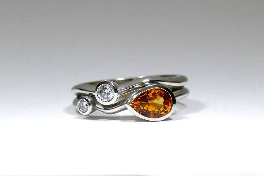 Platinum Multi-Wave Ring with Pear Orange Sapphire & Round Brilliant Cut Diamonds