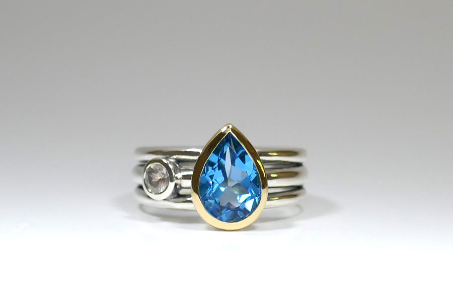 Pear Blue Topaz & White Sapphire Silver & 18ct Gold Ring