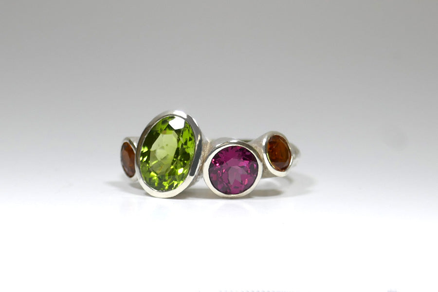 Peridot, Garnet & Citrine Quirky Design Silver Ring