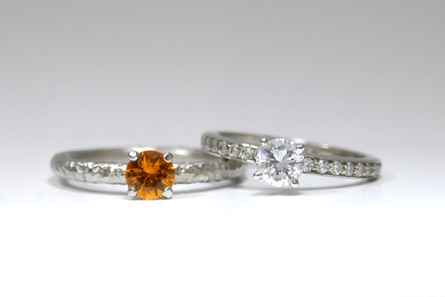 Four Claw Orange Sapphire & Diamond Pave Set Platinum Rings