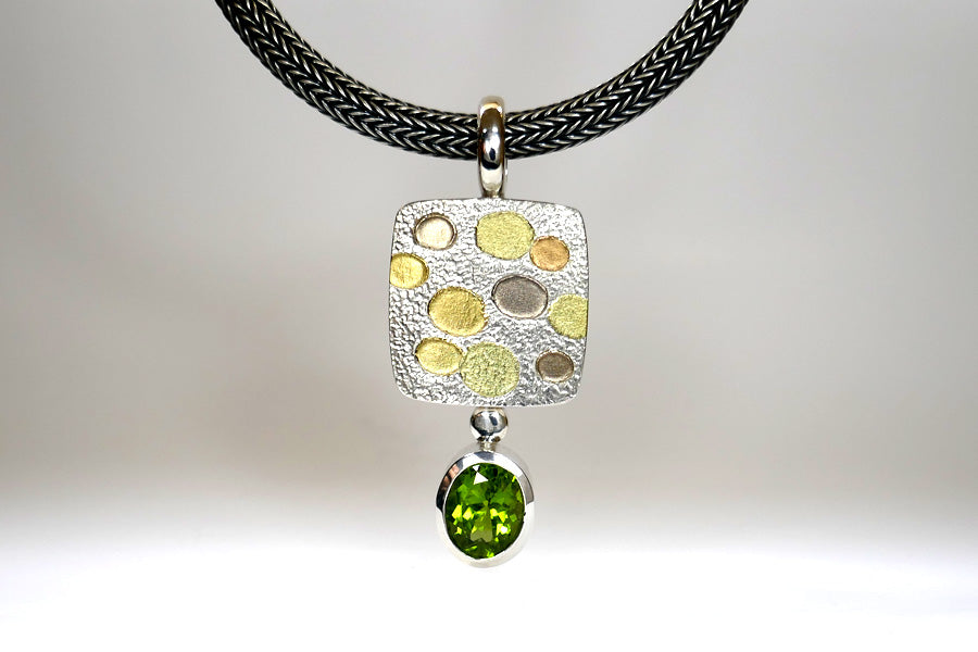 Bubble Design Oval Peridot Silver & 18ct Multi-Coloured Gold Necklace