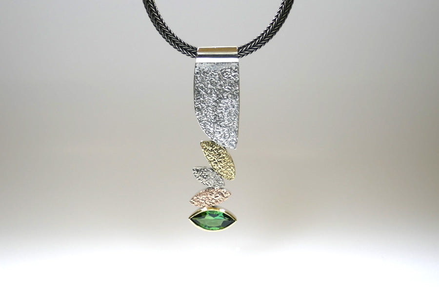 Marquise Design Green Tourmaline Silver & 18ct Coloured Gold Necklace
