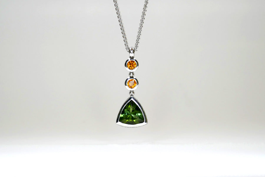 Short Trillion Green Tourmaline & Orange Sapphire 9ct White Gold Pendant