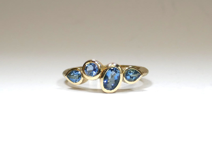 Four Stone Quirky Aquamarine 14ct Yellow Gold Ring