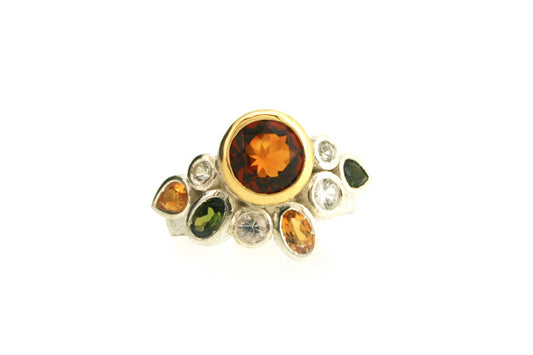 Citrine & Mixed Stone Silver & 18ct Gold Ring