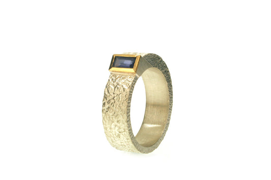 Baguette Iolite Burr Textured Silver & 18ct Gold Ring