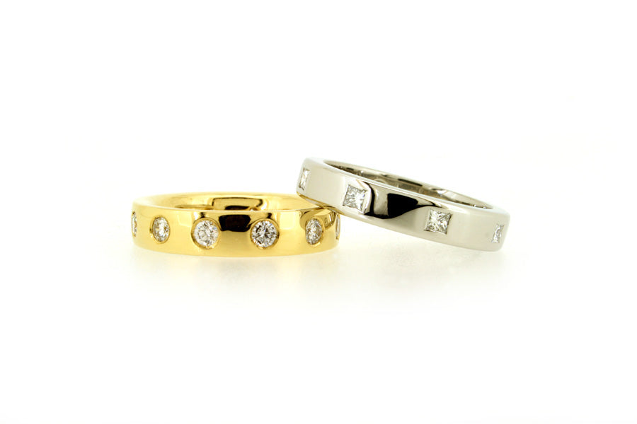Princess Cut & Round Diamond Set 18ct Gold & Platinum Rings