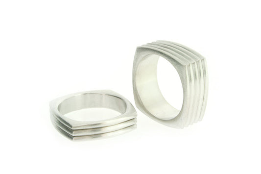 Square Shaped Ribbed Design Platinum Wedding Rings