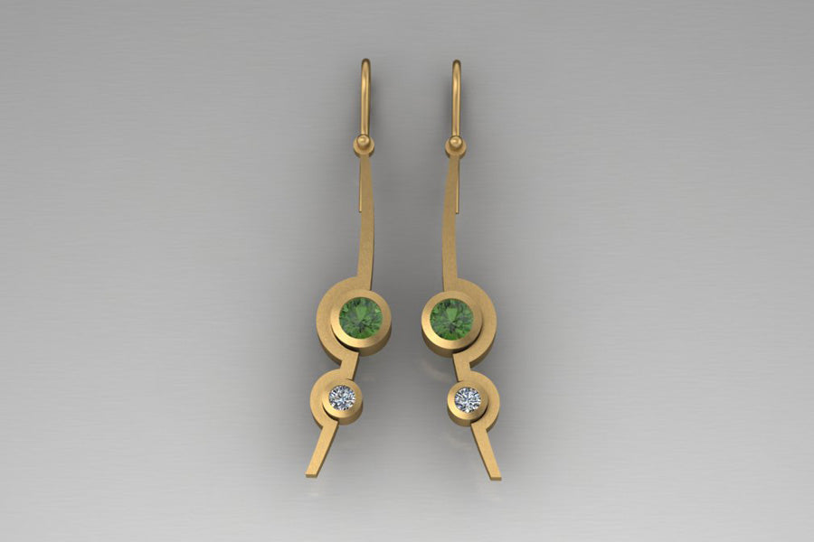 Cup Design Green Tourmaline & Diamond Yellow Gold Earrings