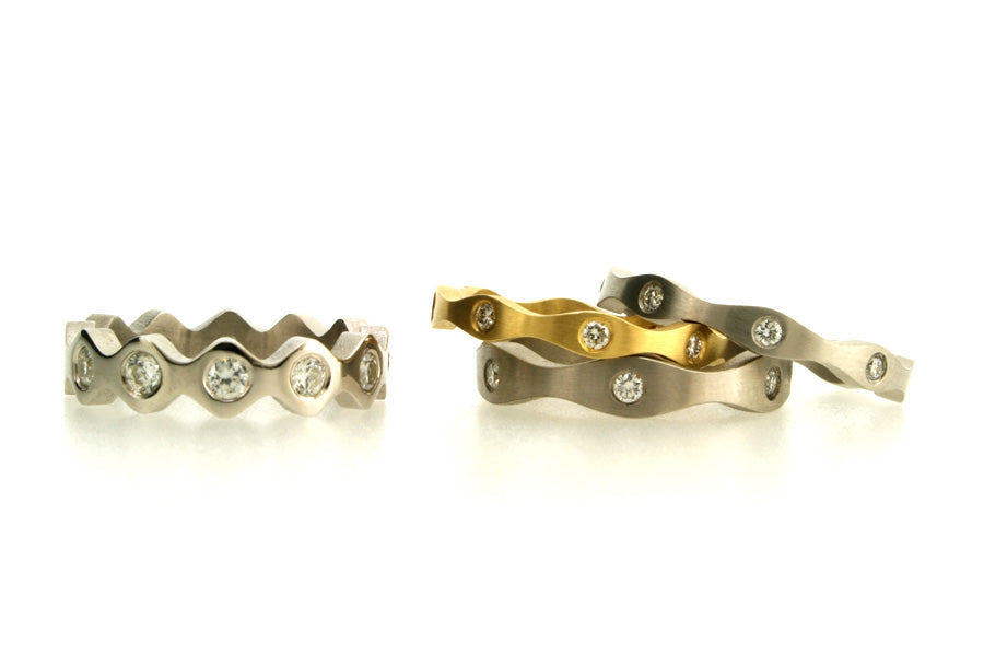 Wave Design Diamond Set 18ct Gold, Platinum & Palladium Rings