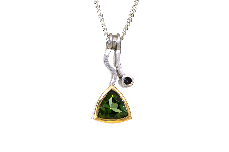 Trillion Green Tourmaline & Amethyst Silver & 18ct Gold Wiggle Necklace