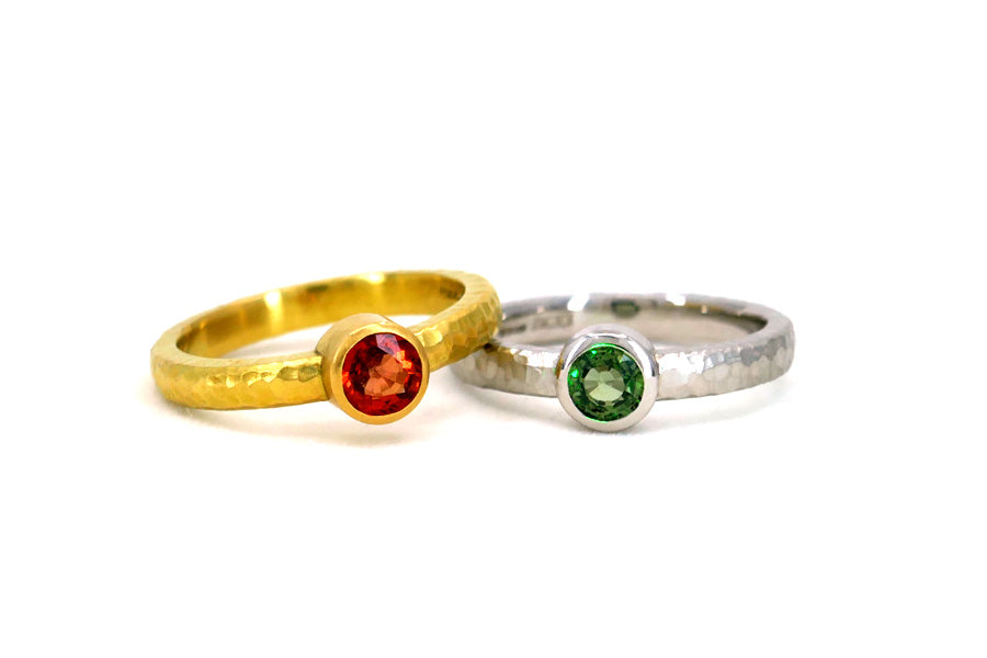 Orange & Green Sapphire Hammered Finished Engagement Rings