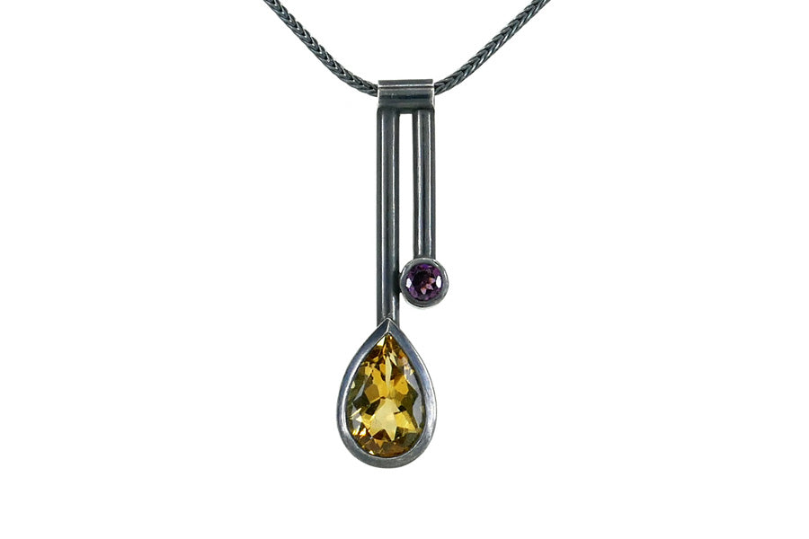 Two Bar Design Pear Citrine & Garnet Silver Necklace