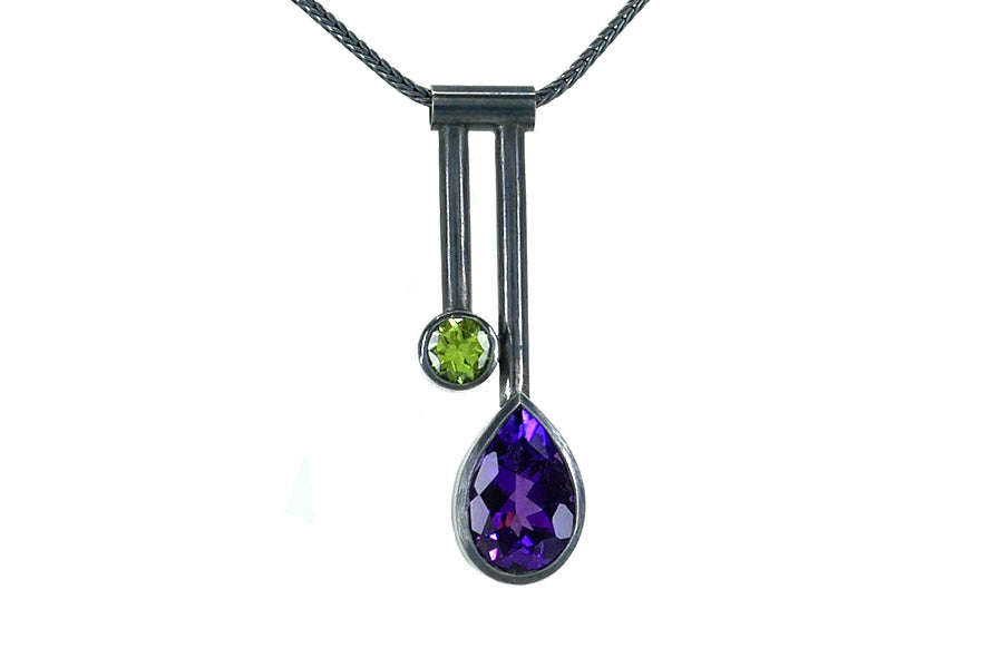Two Bar Design Pear Amethyst & Peridot Silver Necklace