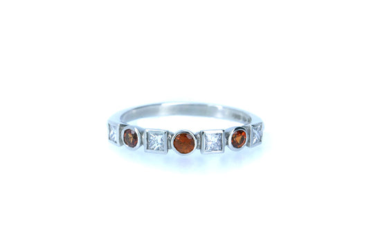 Princess Cut Diamond & Round Orange Sapphire Platinum Eternity Ring