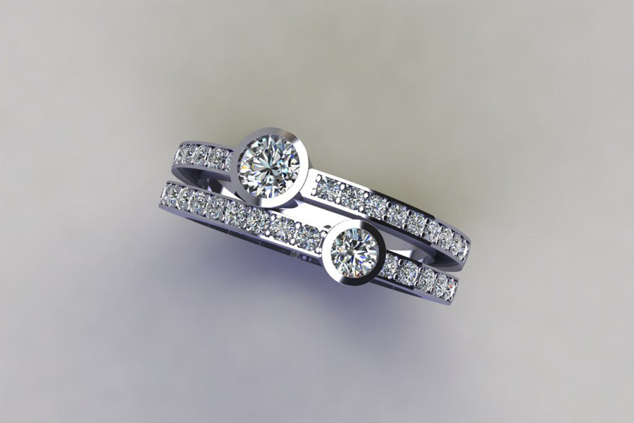 Two Stone Diamond Pave Set Double Band Platinum Ring Design