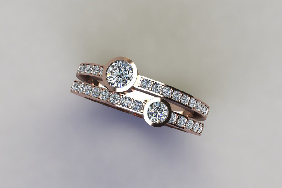 Two Stone Diamond Pave Set Double Band Red Gold Ring Design
