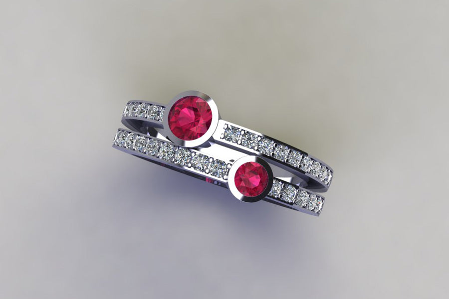 Two Stone Ruby & Diamond Pave Set Double Band Platinum Ring Design