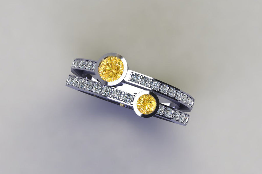 Two Stone Yellow Diamond Pave Set Double Band Platinum Ring Design