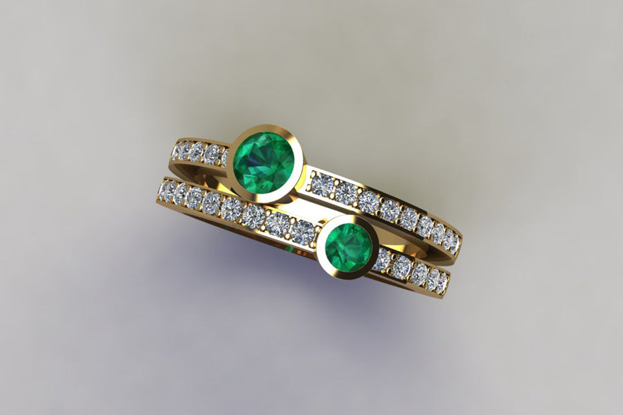 Two Stone Emerald & Diamond Pave Set Double Band Yellow Gold Ring Design