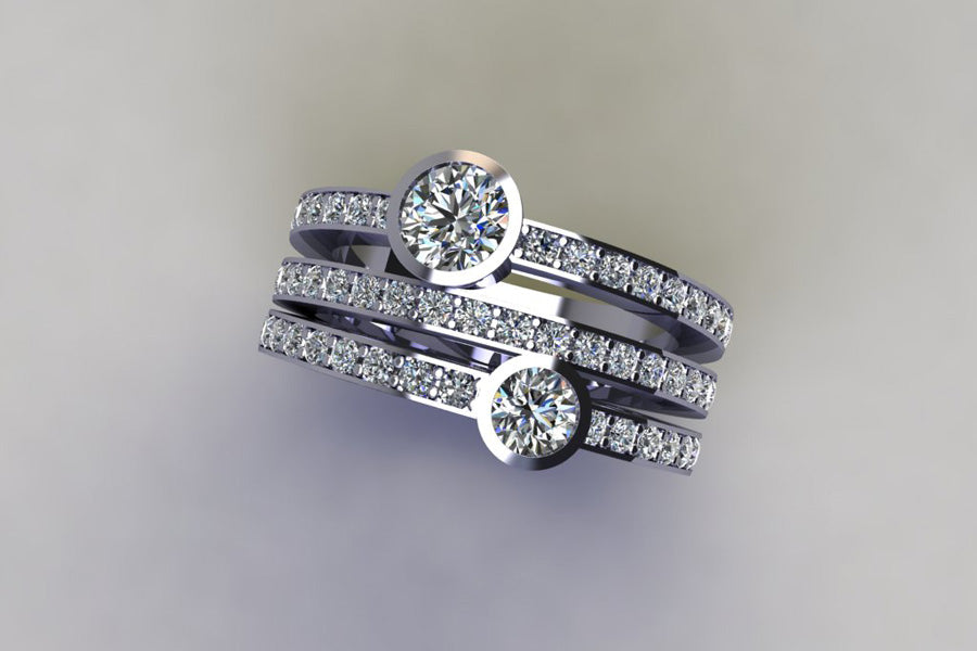 Two Stone Diamond Pave Set Triple Band Platinum Ring Design