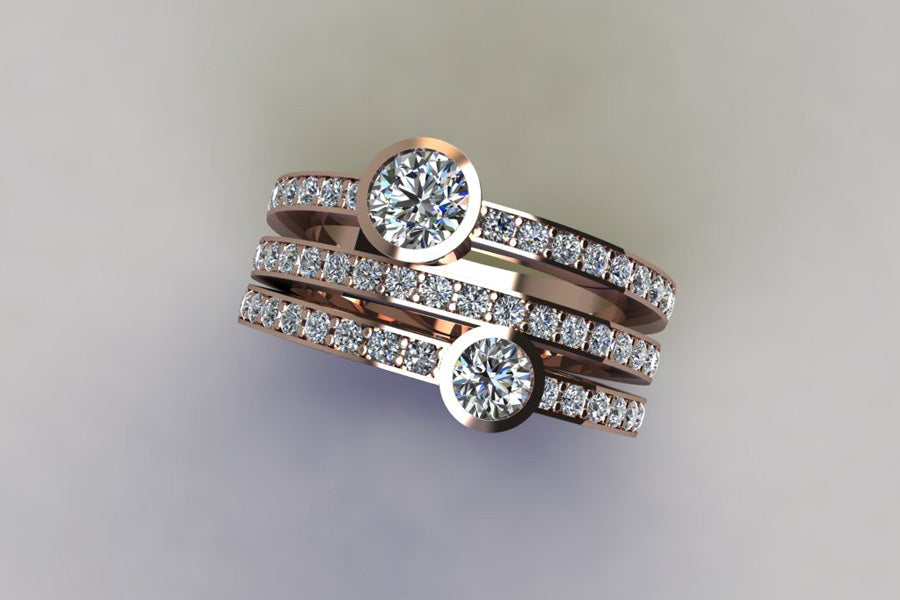 Two Stone Diamond Pave Set Triple Band Red Gold Ring Design