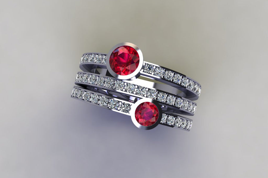 Two Stone Ruby & Diamond Pave Set Triple Band Platinum Ring Design