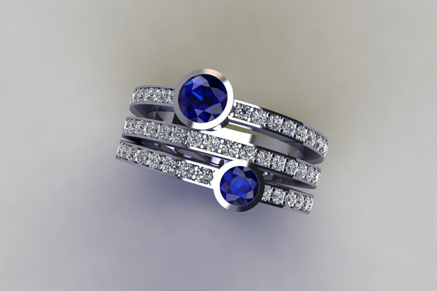 Two Stone Sapphire & Diamond Pave Set Triple Band Platinum Ring Design