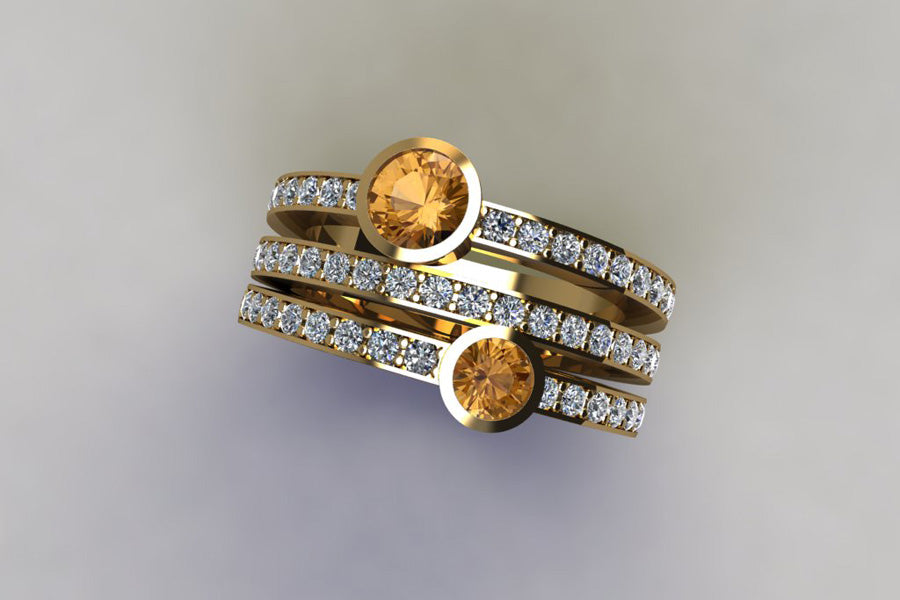 Two Stone Orange Sapphire & Diamond Pave Set Triple Band Yellow Gold Ring Design