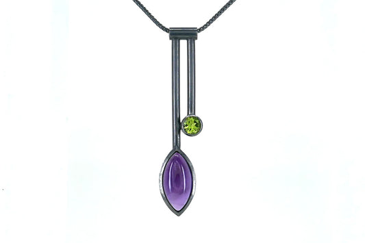 Two Bar Design Marquise Amethyst & Peridot Silver Necklace