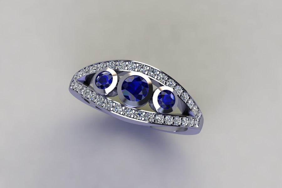 Three Stone Sapphire & Diamond Pave Set Split Band Platinum Ring Design