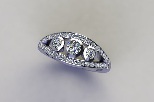 Three Stone Diamond Pave Set Split Band Platinum Ring Design