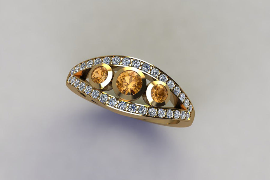 Three Stone Orange Sapphire & Diamond Pave Set Split Band Yellow Gold Ring Design