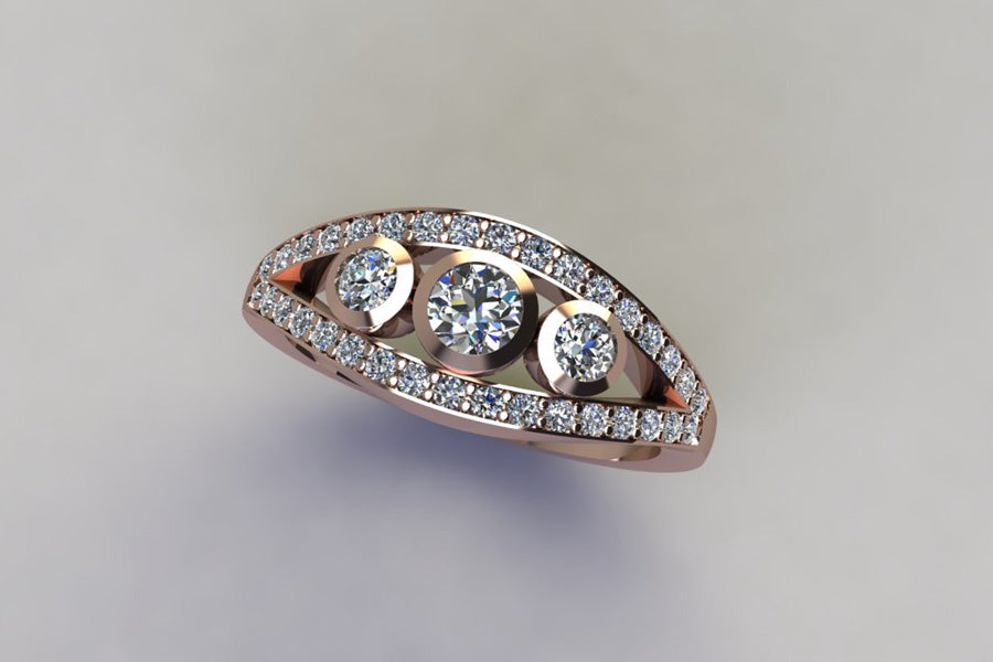 Three Stone Diamond Pave Set Split Band Red Gold Ring Design