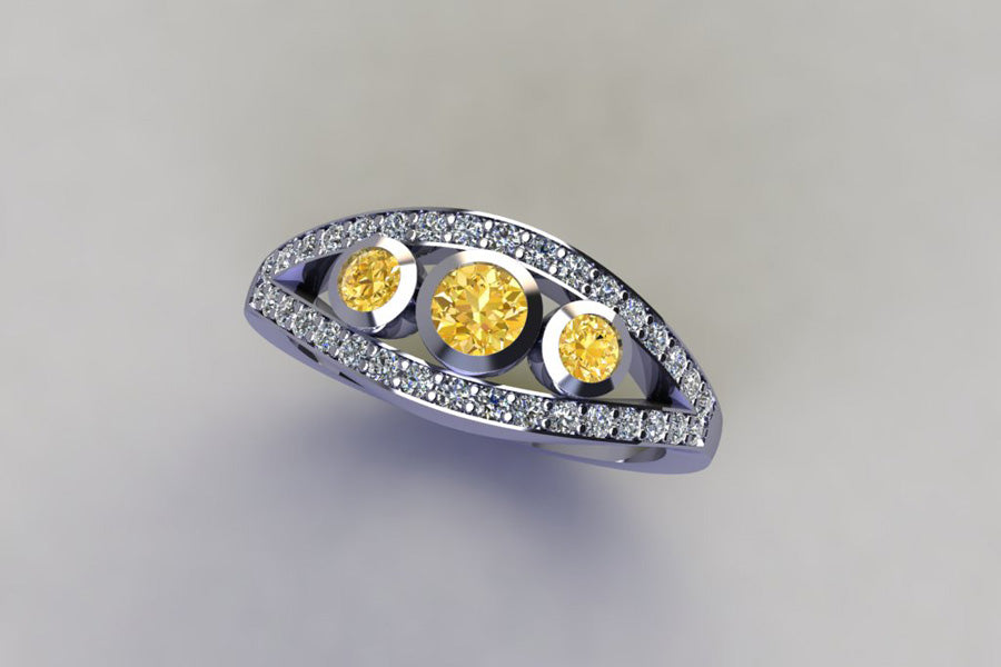 Three Stone Yellow Diamond Pave Set Split Band Platinum Ring Design