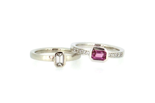 Emerald Cut Diamond Platinum & Emerald Cut Pink Sapphire & Pave Set Diamond 18ct White Gold Rings