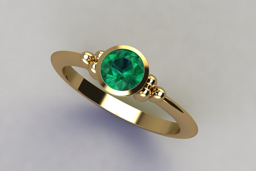Bead Design Yellow Gold Ring with Round Emerald
