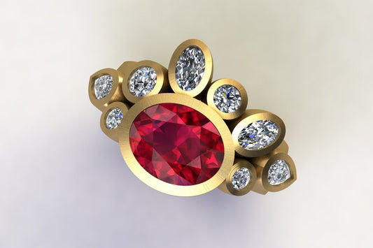 Oval Ruby & Mixed Shaped Diamond Cluster Ring Design