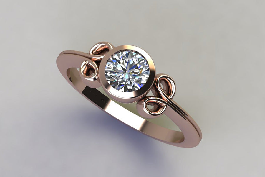 Scroll Red Gold Ring Design with Round Brilliant Cut Diamond