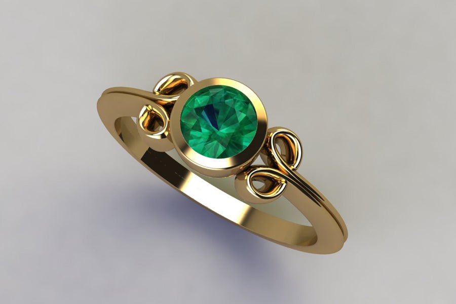 Scroll Yellow Gold Ring Design with Emerald