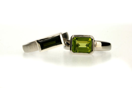 Baguette Green Tourmaline & Octagonal Cut Peridot Silver Ring Designs