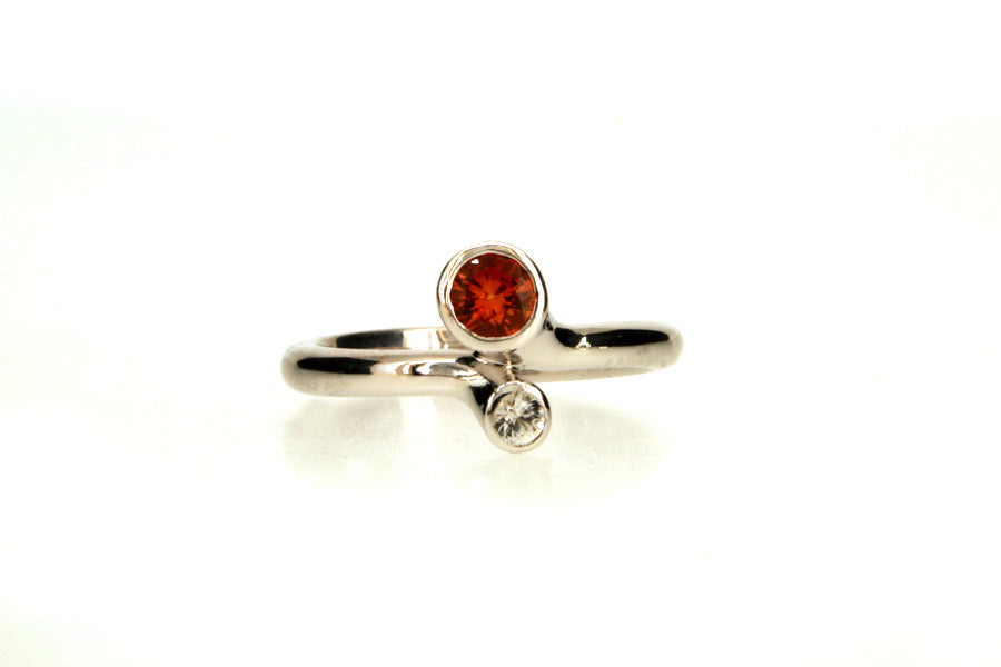 Offset Two Stone Orange & White Sapphire Silver Ring