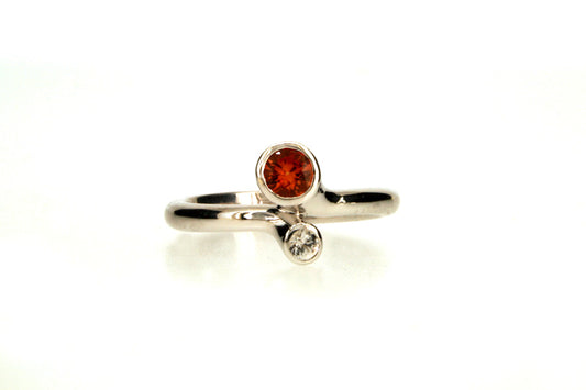 Offset Two Stone Orange & White Sapphire Silver Ring