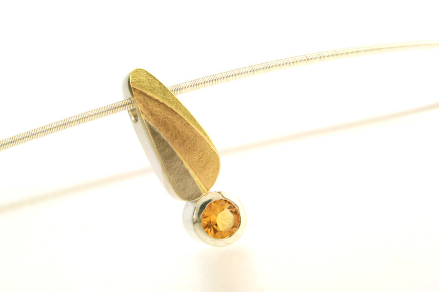 Citrine Leaf Design Silver & 18ct Gold Necklace