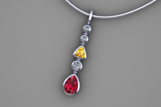 Mixed Shaped Ruby,Yellow Sapphire & Diamond Platinum Pendant Design