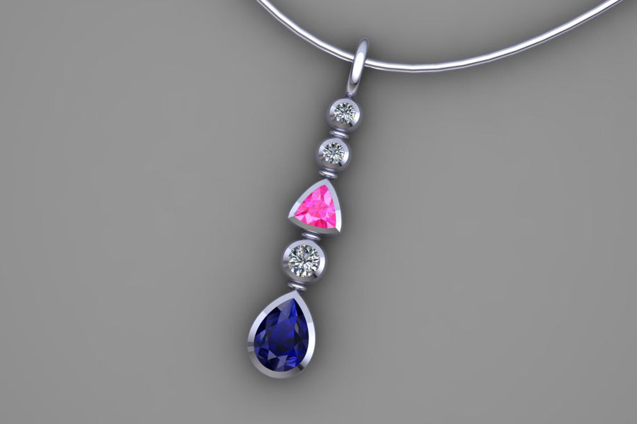 Mixed Shaped Ruby,Yellow Sapphire & Diamond Platinum Pendant Design